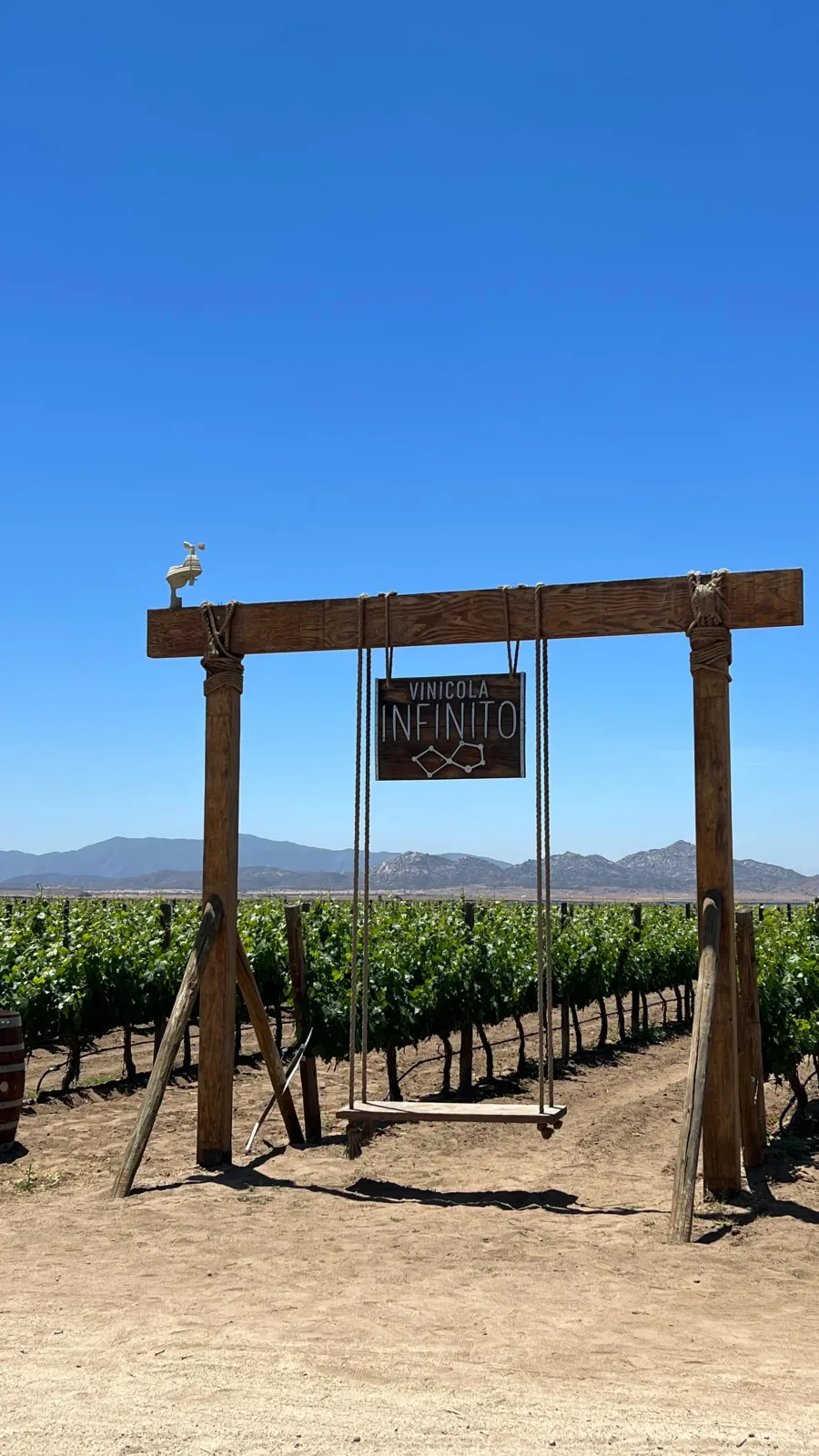 Letrero de Vinícola Infinito a la entrada del viñedo, con las montañas del Valle de Ojos Negros al fondo